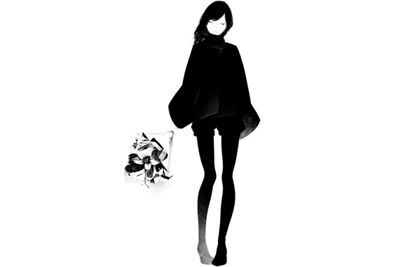 Картинка девушка, шорты, букет, арт, пальто, Sawasawa
