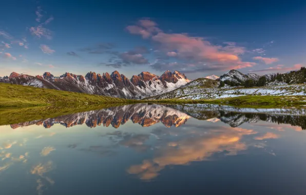 Mountains, lake, snow, reflection