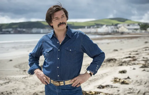 Cinema, beach, sea, man, sand, movie, film, mustache