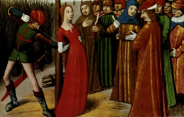 Миниатюра, Жанну привязывают к столбу, XV века
