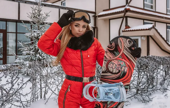 Зима, взгляд, девушка, поза, сноуборд, очки, комбинезон, Анастасия Захарова