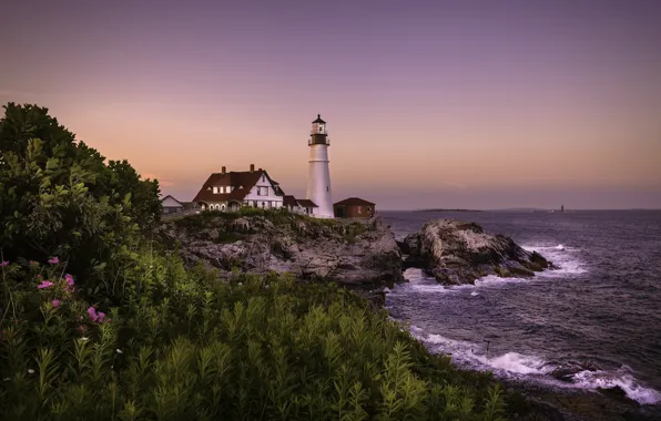 Картинка море, закат, portland, head lighthouse