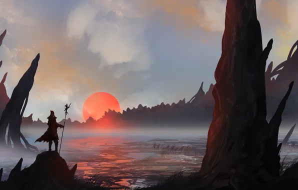 Закат, Рисунок, Силуэт, Воин, Пейзаж, Арт, Landscapes, Digital Art
