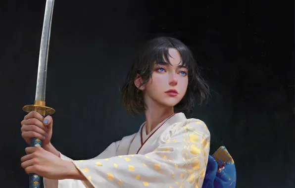 Катана, кимоно, голубые глаза, серый фон, рукоятка, стойка, samurai, женщина-воин