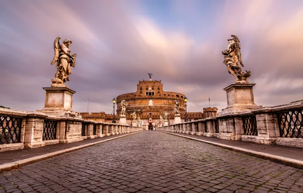 Картинка брусчатка, Рим, Италия, Italy, скульптуры, Rome, Castel Sant'Angelo, Sant'Angelo Bridge