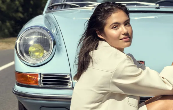 Girl, pretty, brunette, professional tennis player, brand ambassador, Emma Raducanu, Porsche 911 1965