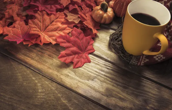 Картинка осень, листья, фон, дерево, кофе, colorful, шарф, чашка