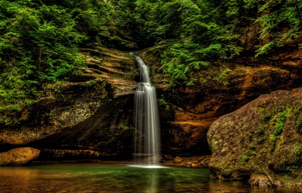 Лес, деревья, скала, камни, водопад, США, Logan, Ohio