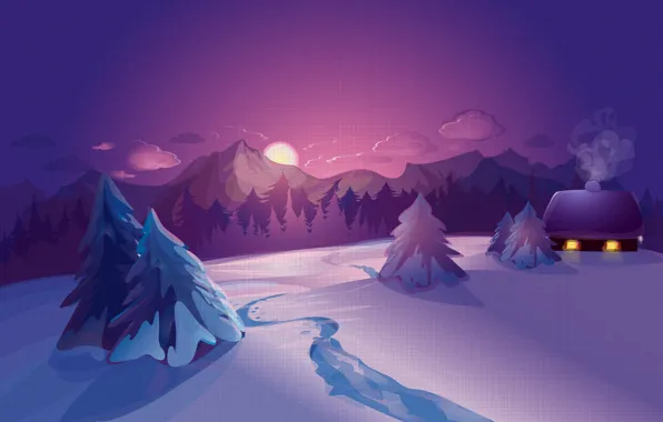 Картинка Природа, Зима, Снег, Ель, Пейзаж, Рассветы и закаты, Векторная графика