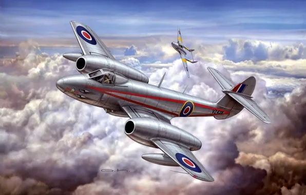 Картинка самолет, истребитель, арт, художник, вооружение, реактивный, британский, первый