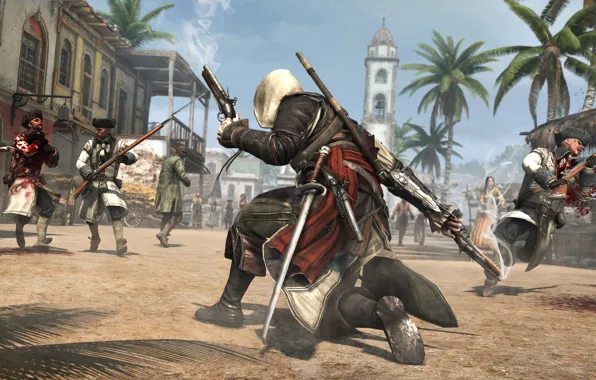 Картинка деревья, город, пират, Assassins Creed, ассасин, стража, Эдвард Кенуэй, Assassin's Creed IV: Black Flag