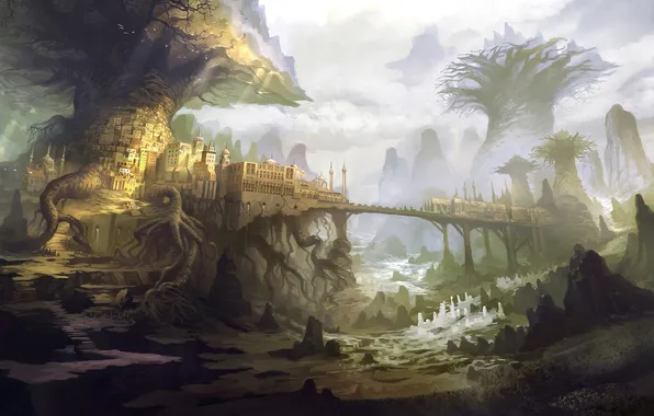 Картинка вода, деревья, мост, город, корни, река, арт, фантастический мир