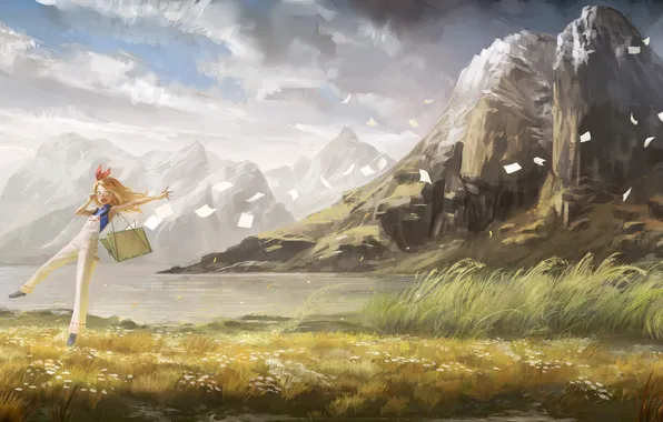 Картинка девушка, пейзаж, горы, озеро, бумага, эмоции, ветер, арт