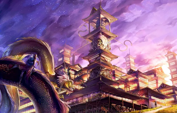 Картинка город, дракон, фэнтези, арт, rby, shikihara mitabi