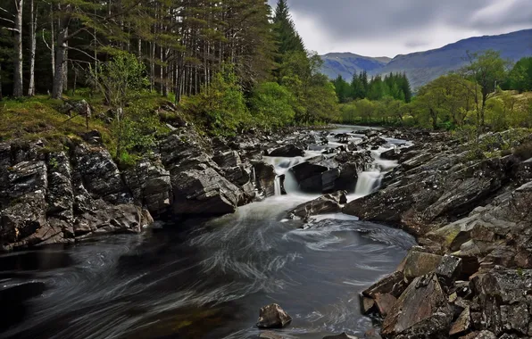 Картинка лес, горы, река, камни, Шотландия, Scotland, River Orchy