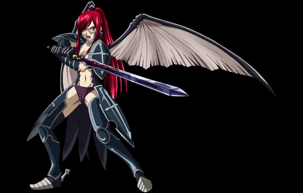 Red, sword, pantsu, panties, armor, red hair, anime, wings
