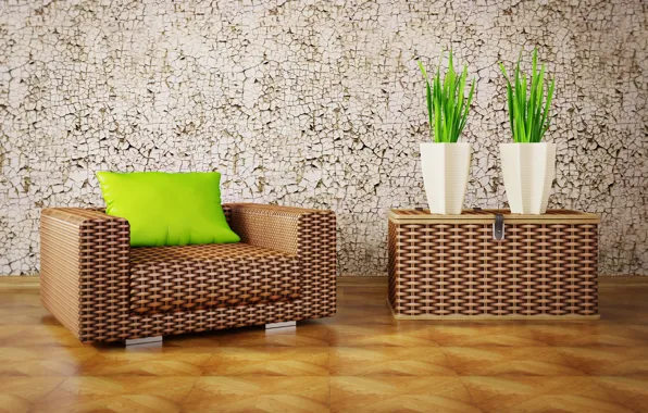 Картинка дизайн, интерьер, растения, кресло, подушка
