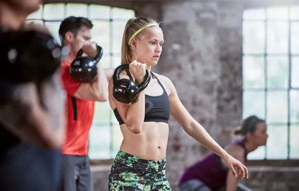 Female, group, training, Russian dumbbell