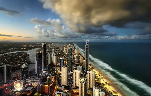 Картинка город, океан, небоскребы, Australia, Surfers Paradise, City of Gold Coast