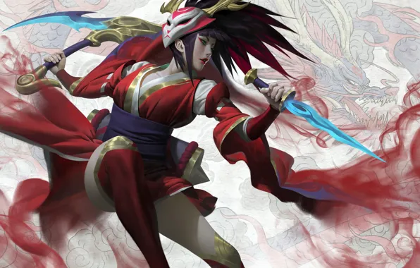 Девушка, оружие, прыжок, маска, клинки, Akali, digital art, цифровое искусство
