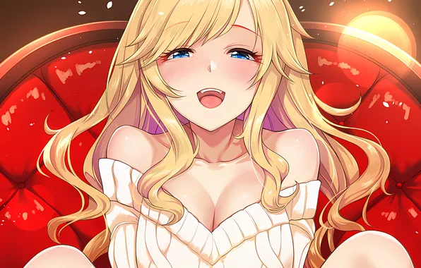 Girl, sexy, cleavage, long hair, boobs, smile, anime, blue eyes