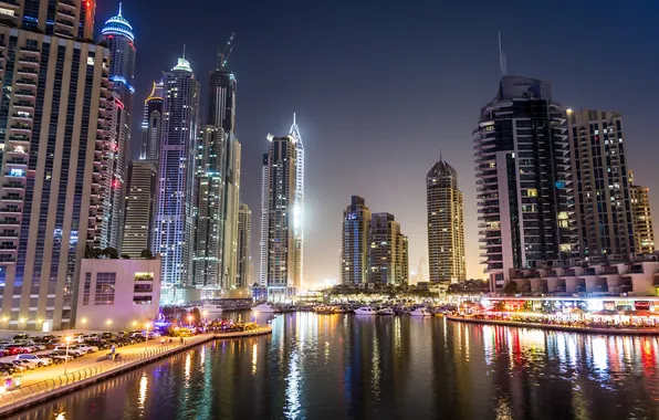 Картинка ночь, город, река, фото, дома, небоскребы, Dubai, Объединённые Арабские Эмираты
