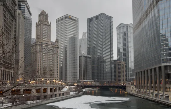 Картинка лед, зима, город, река, небоскребы, Чикаго, Иллиноис
