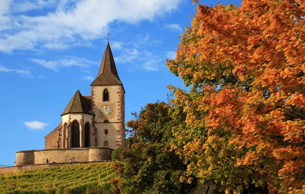 Картинка осень, деревья, Франция, церковь, France, Hunawihr, Юнавир, Церковь Сен-Жак-ле-Мажёр