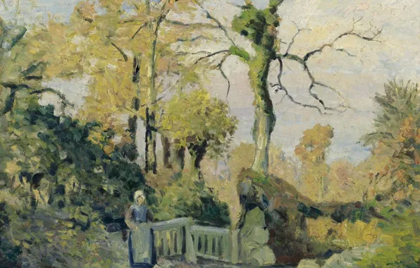 Деревья, картина, Камиль Писсарро, Пейзаж с Крестьянкой
