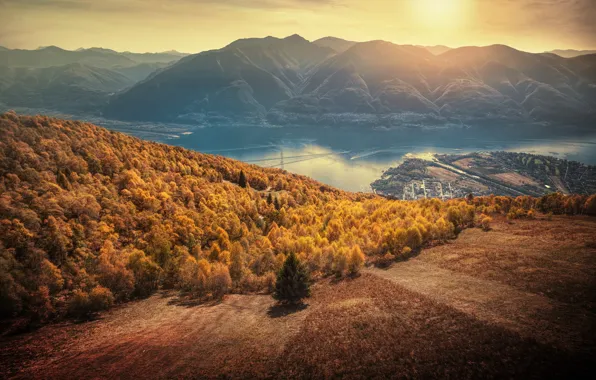 Картинка осень, лес, закат, горы, озеро, Швейцария, Альпы, панорама
