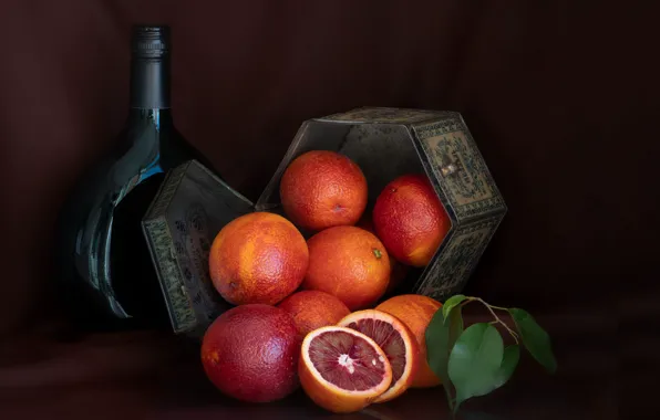 Листья, темный фон, стол, коробка, вино, бутылка, апельсины, красные