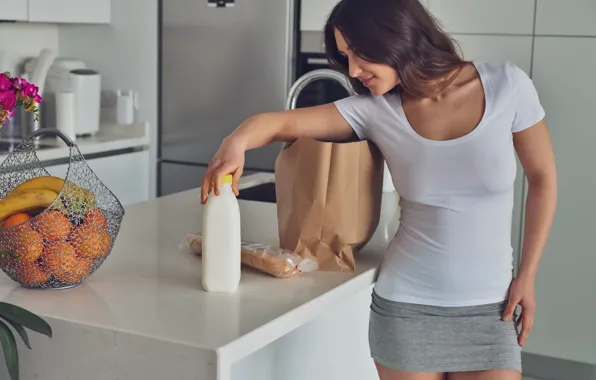 White, cleavage, model, fruit, hair, brunette, milk, basket