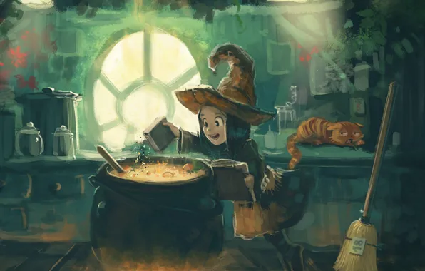 Кот, David Revoy, hat, cat, comics, witch, ведьмочка, broom