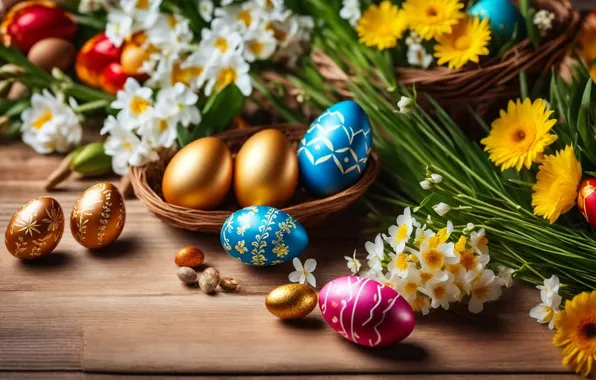 Картинка цветы, яйца, весна, colorful, Пасха, happy, flowers, spring