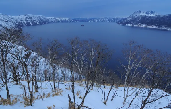 Картинка зима, снег, деревья, горы, природа, озеро, Mashuko