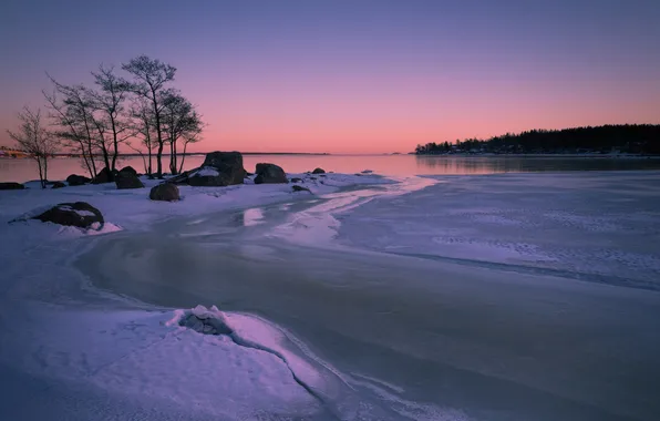 Картинка зима, небо, снег, деревья, озеро, ручей, вечер