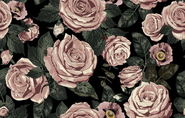 Картинка фон, розы, бесшовный, черный, бутоны