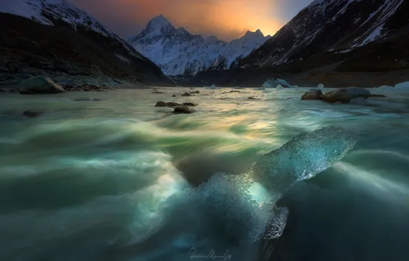 Картинка горы, река, лёд, поток