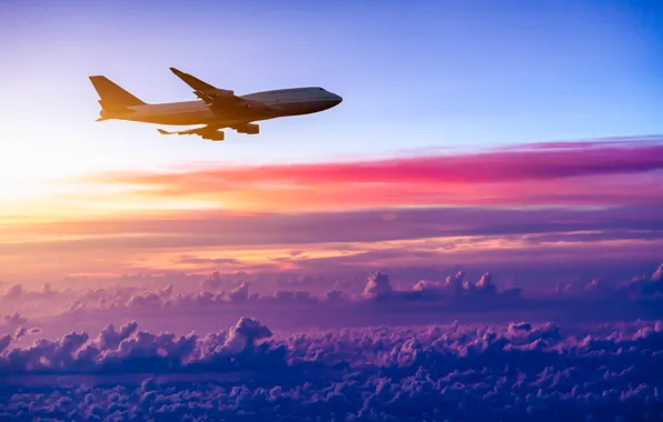 Картинка небо, облака, самолет, фото