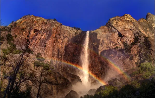 Картинка природа, скала, парк, фото, водопад, радуга, Калифорния, США