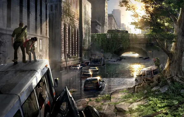Машины, город, апокалипсис, Элли, сша, эпидемия, The Last of Us, Джоэл