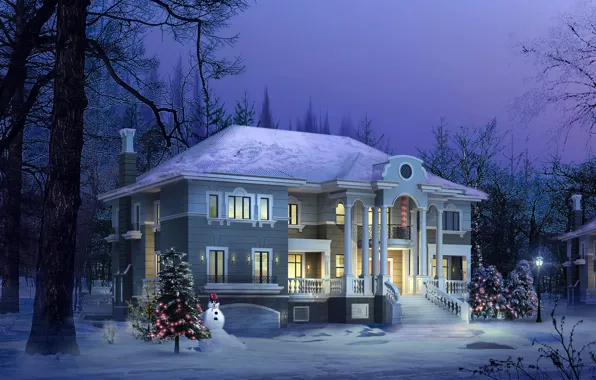 Картинка зима, дом, елка
