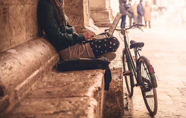 Картинка city, girl, bike, loneliness, social life