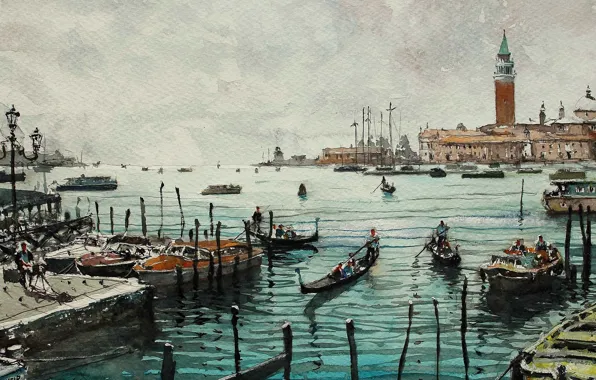 Башня, дома, картина, лодки, акварель, Венеция, городской пейзаж, Максимилиан Дамико