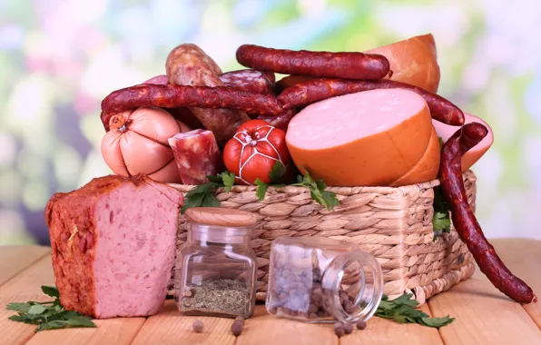 Мясо, колбаса, специи, ассорти