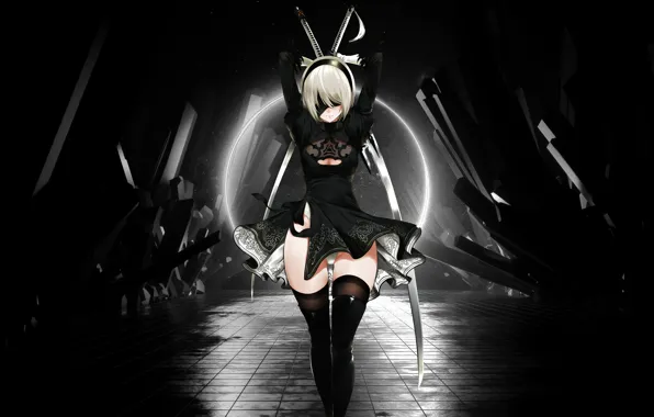 Black & white, girl, game, anime, nier, nier: automata, nier automata