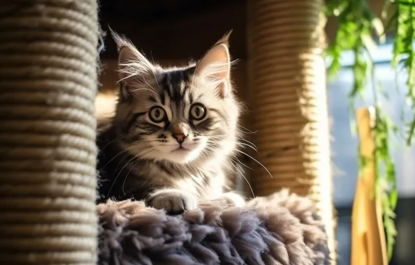 Кошка, взгляд, свет, поза, котенок, серый, растения, веревка