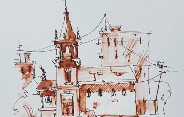 Город, краски, рисунок, акварель