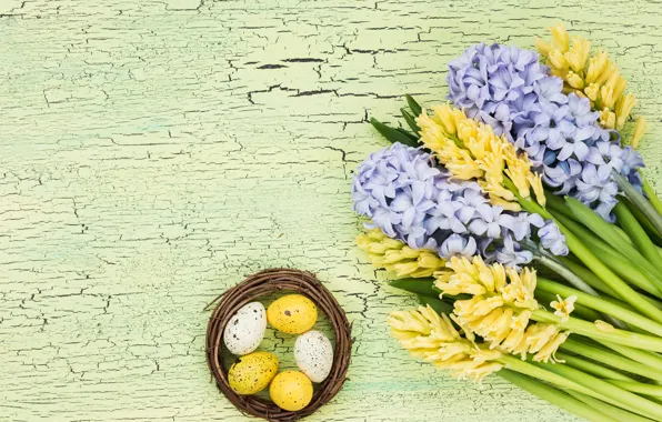 Картинка цветы, букет, желтые, yellow, flowers, eggs, easter, гиацинты
