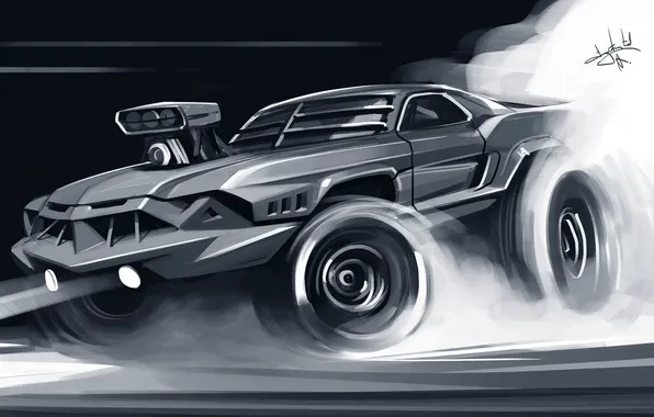Картинка monochrome, digital art, concept cars, muscle cars, watermarked, Aleksandr Sidelnikov, concept art